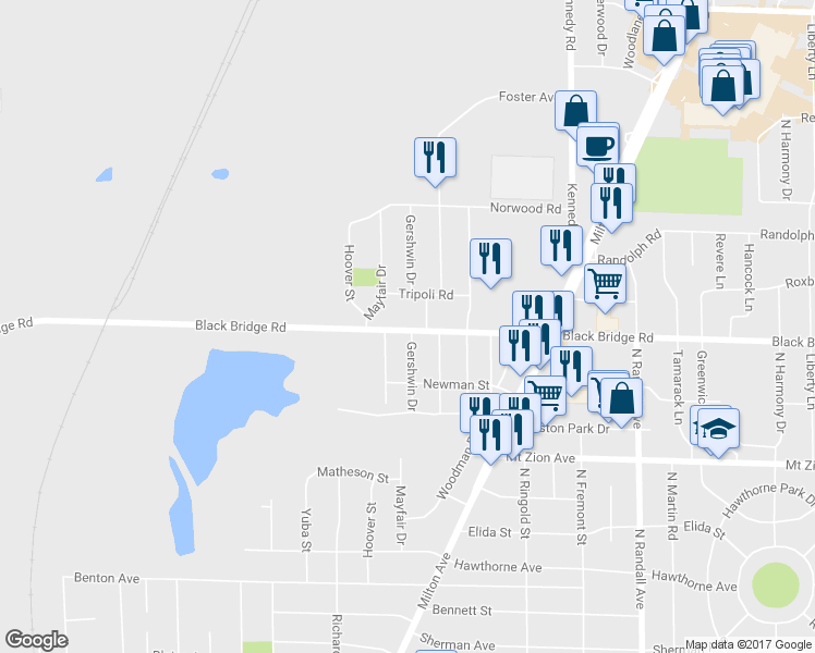 map of restaurants, bars, coffee shops, grocery stores, and more near 1724 Mayfair Drive in Janesville