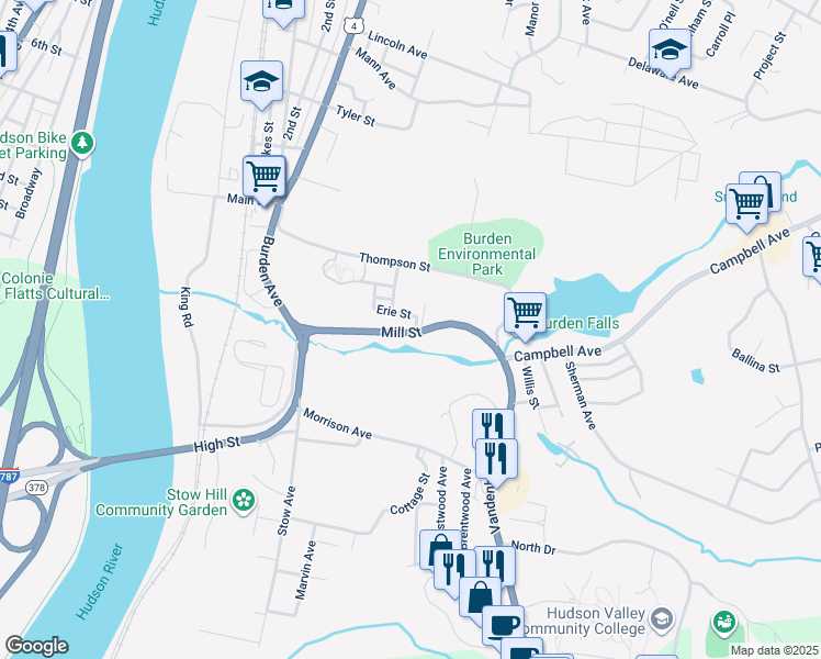 map of restaurants, bars, coffee shops, grocery stores, and more near 2 Erie Street in Troy