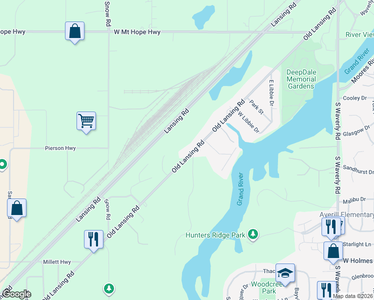 map of restaurants, bars, coffee shops, grocery stores, and more near 4632 Old Lansing Road in Lansing