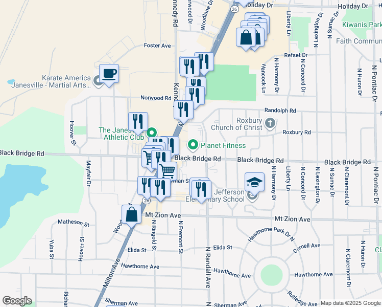 map of restaurants, bars, coffee shops, grocery stores, and more near 1800 Milton Avenue in Janesville