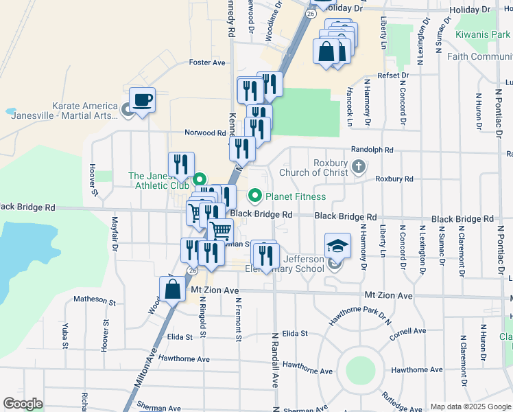 map of restaurants, bars, coffee shops, grocery stores, and more near 1800 Milton Avenue in Janesville