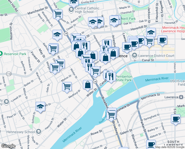 map of restaurants, bars, coffee shops, grocery stores, and more near 582 Essex Street in Lawrence