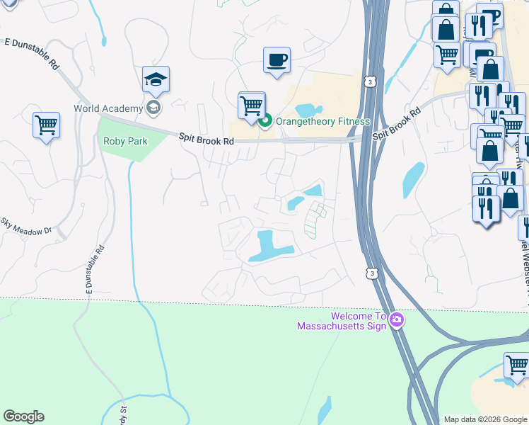 map of restaurants, bars, coffee shops, grocery stores, and more near Snow Circle in Nashua