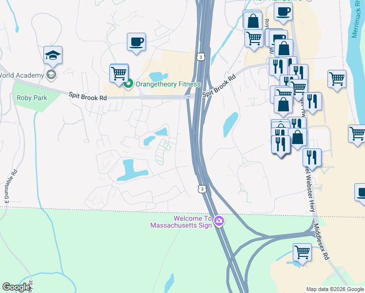 map of restaurants, bars, coffee shops, grocery stores, and more near 210 Brook Village Road in Nashua
