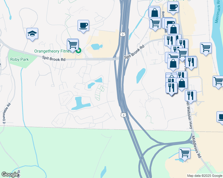 map of restaurants, bars, coffee shops, grocery stores, and more near 500 Brook Village Road in Nashua