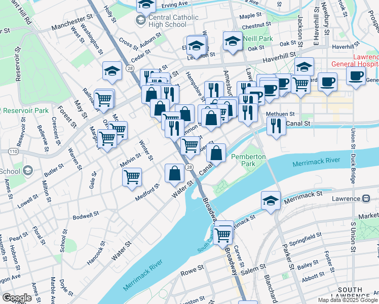 map of restaurants, bars, coffee shops, grocery stores, and more near 578 Essex Street in Lawrence