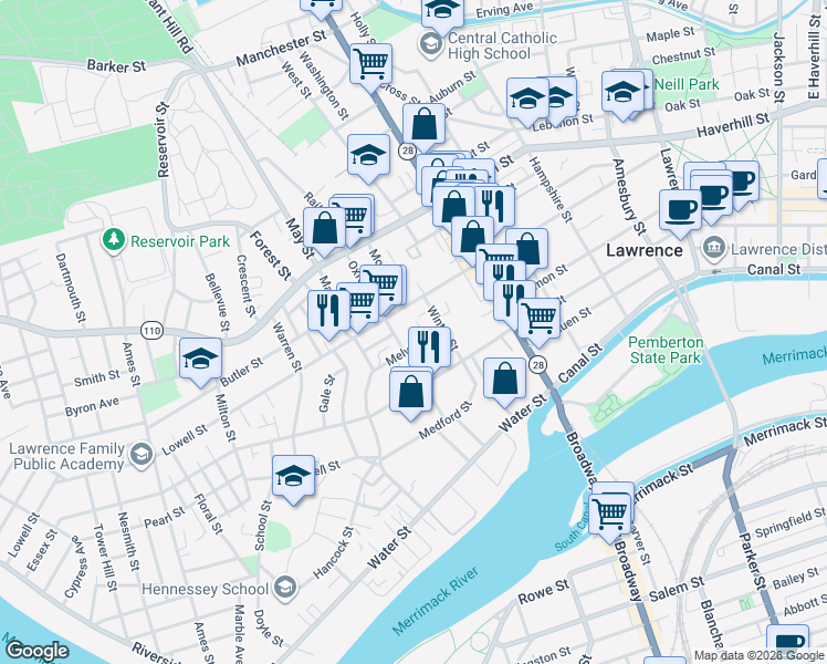 map of restaurants, bars, coffee shops, grocery stores, and more near 18 Kempton Court in Lawrence