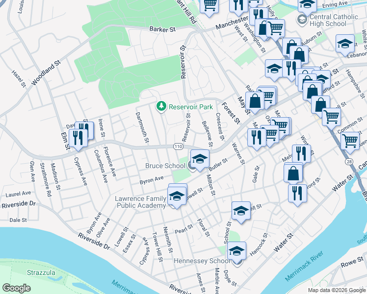 map of restaurants, bars, coffee shops, grocery stores, and more near 581 Massachusetts 110 in Lawrence