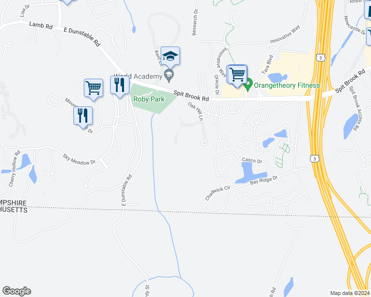 map of restaurants, bars, coffee shops, grocery stores, and more near 3 Oak Hill Lane in Nashua
