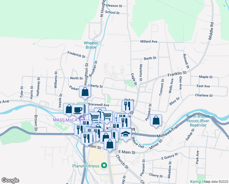 map of restaurants, bars, coffee shops, grocery stores, and more near 119 Liberty Street in North Adams