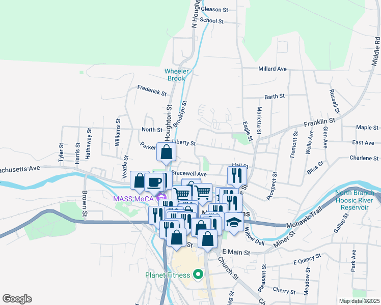 map of restaurants, bars, coffee shops, grocery stores, and more near North Holden Street in North Adams