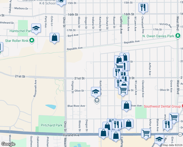 map of restaurants, bars, coffee shops, grocery stores, and more near 2034 Indiana Street in Racine