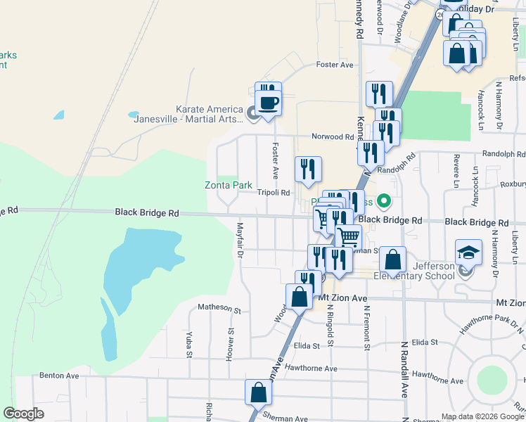 map of restaurants, bars, coffee shops, grocery stores, and more near 1715 Sousa Court in Janesville