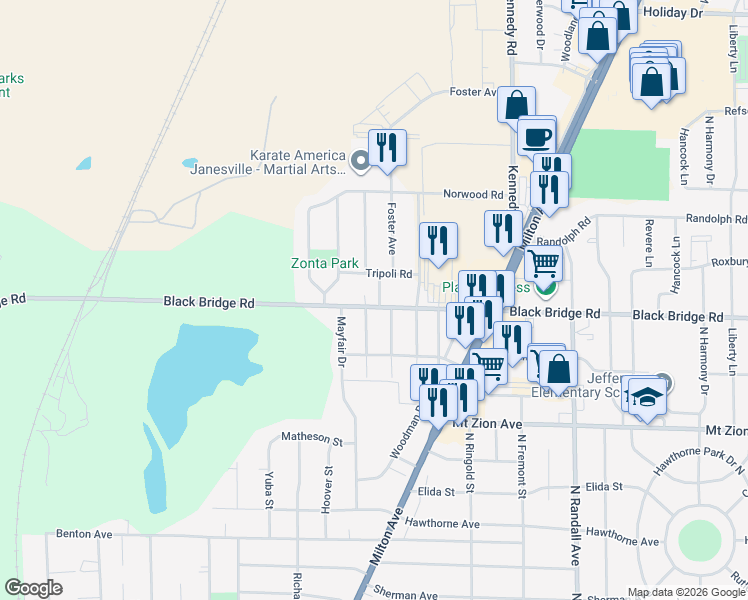 map of restaurants, bars, coffee shops, grocery stores, and more near 1715 Sousa Court in Janesville