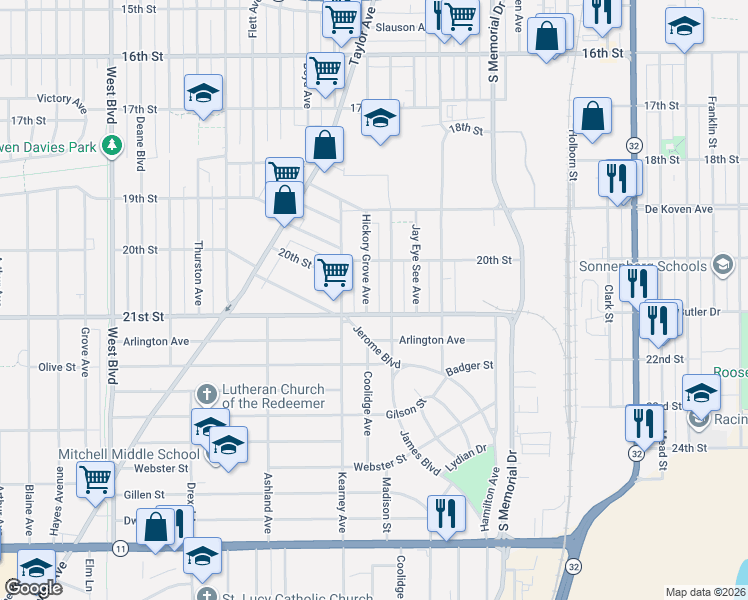 map of restaurants, bars, coffee shops, grocery stores, and more near 2028 Hickory Grove Avenue in Racine