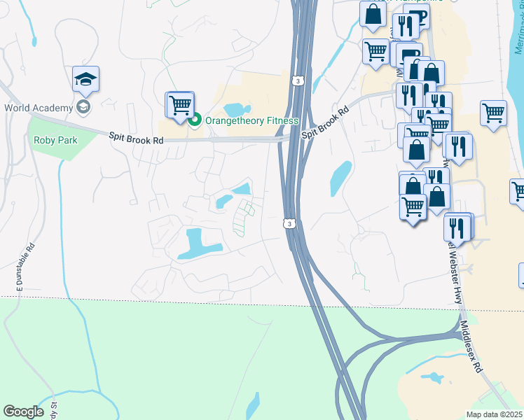map of restaurants, bars, coffee shops, grocery stores, and more near 317 Brook Village Road in Nashua