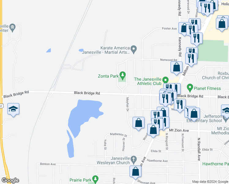 map of restaurants, bars, coffee shops, grocery stores, and more near 907 Black Bridge Road in Janesville