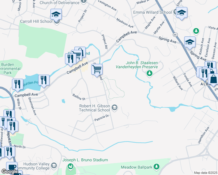 map of restaurants, bars, coffee shops, grocery stores, and more near 112 Country Garden Apartment in Troy