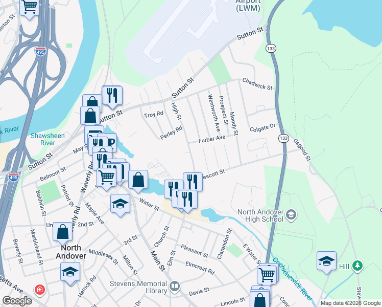 map of restaurants, bars, coffee shops, grocery stores, and more near 120 High Street in North Andover
