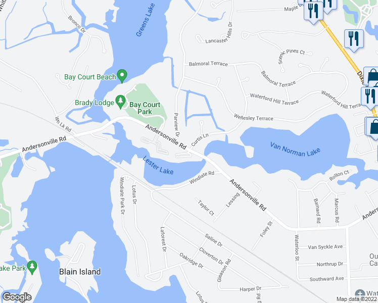 map of restaurants, bars, coffee shops, grocery stores, and more near 6601 Andersonville Road in Clarkston