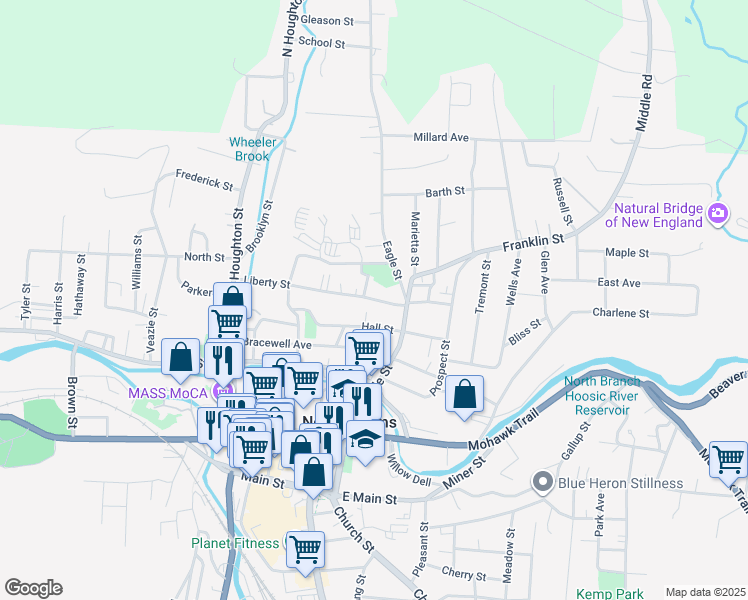 map of restaurants, bars, coffee shops, grocery stores, and more near 37 Liberty St in North Adams