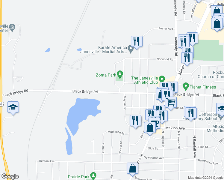 map of restaurants, bars, coffee shops, grocery stores, and more near 905 Black Bridge Road in Janesville