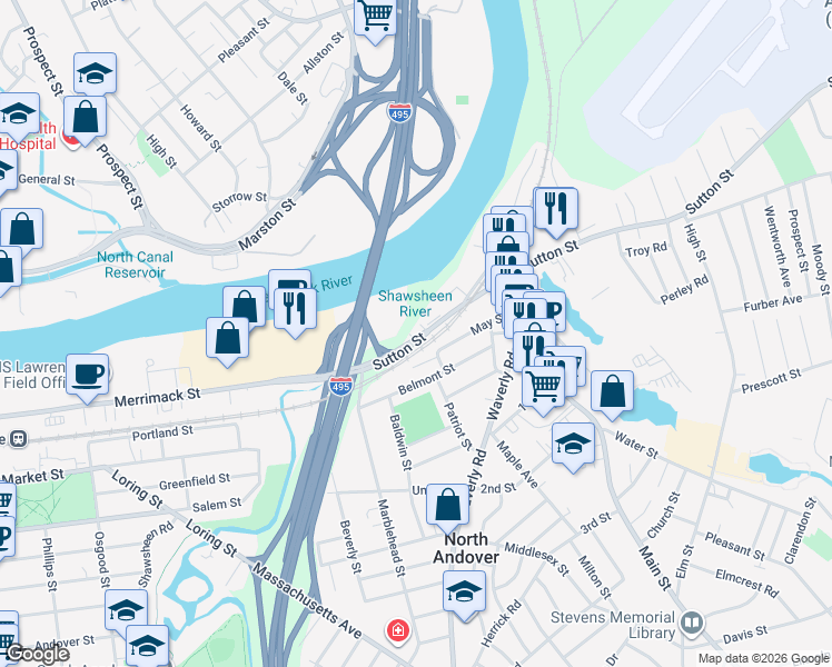 map of restaurants, bars, coffee shops, grocery stores, and more near 70 Sutton Street in North Andover