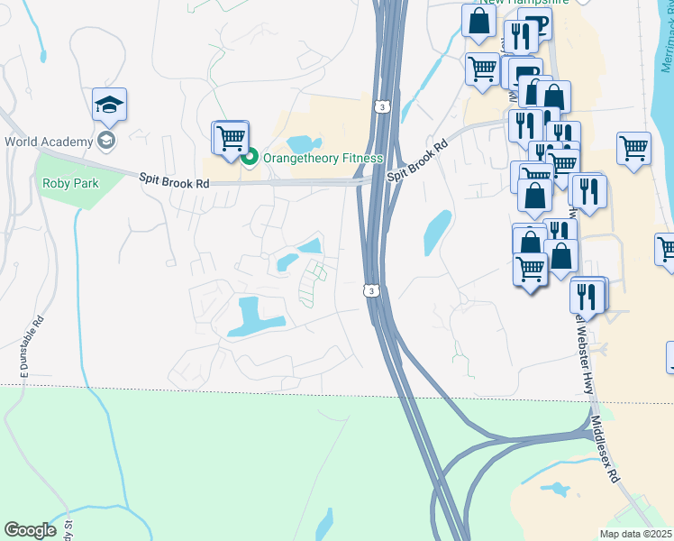 map of restaurants, bars, coffee shops, grocery stores, and more near 307 Brook Village Road in Nashua