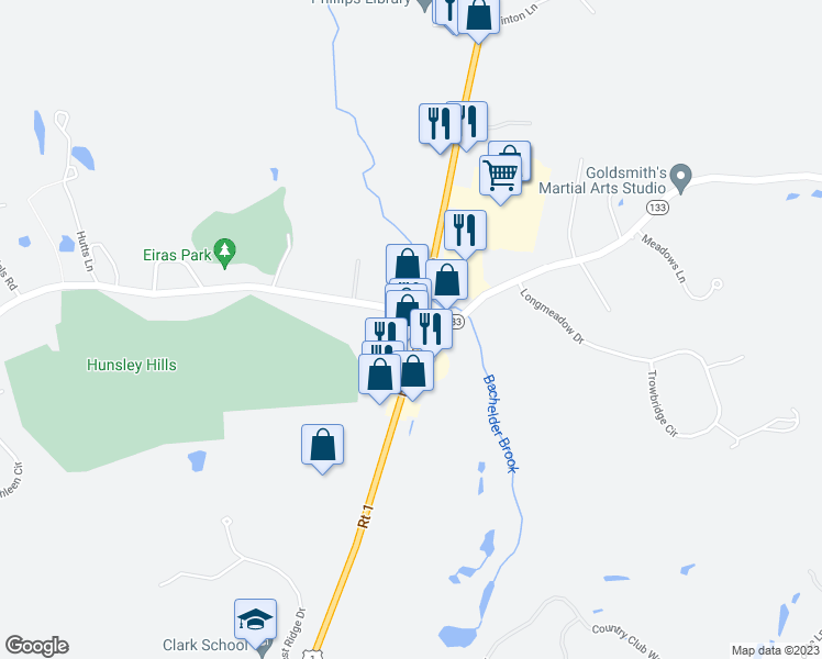 map of restaurants, bars, coffee shops, grocery stores, and more near 166 Newburyport Turnpike in Rowley