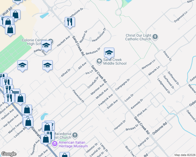 map of restaurants, bars, coffee shops, grocery stores, and more near 318 Sand Creek Road in Albany