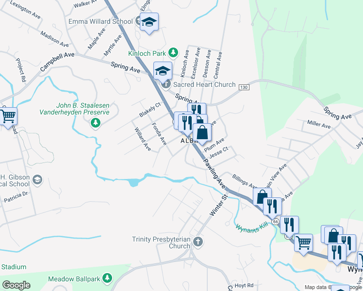 map of restaurants, bars, coffee shops, grocery stores, and more near 105 Ford Avenue in Troy