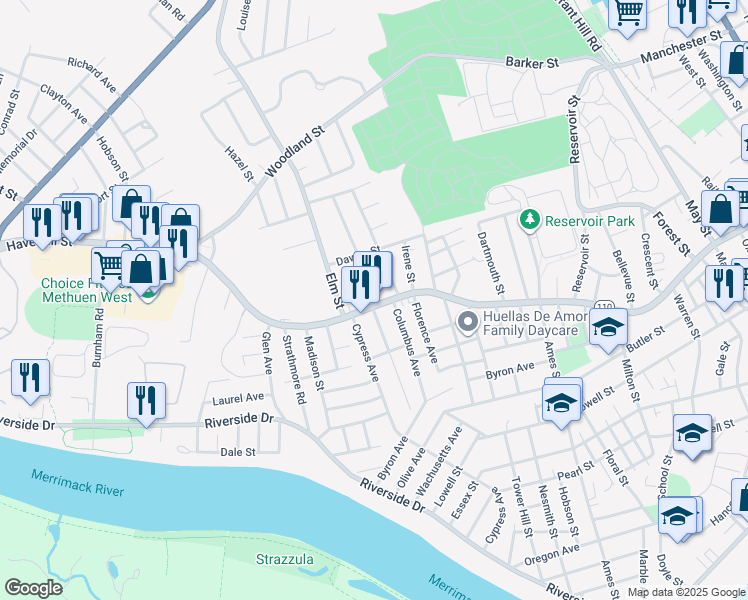 map of restaurants, bars, coffee shops, grocery stores, and more near 717 Haverhill Street in Lawrence