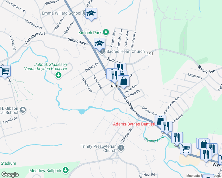 map of restaurants, bars, coffee shops, grocery stores, and more near 99 Ford Avenue in Troy