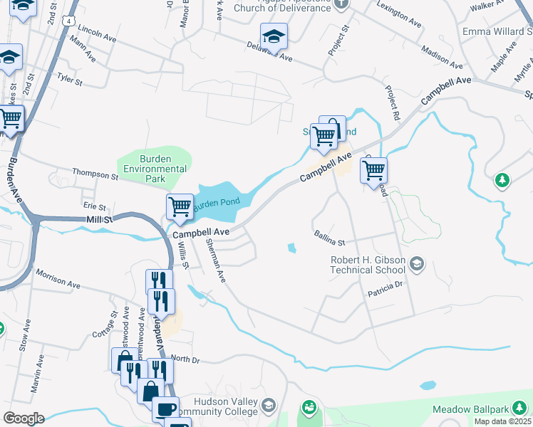 map of restaurants, bars, coffee shops, grocery stores, and more near 94 Campbell Avenue in Troy