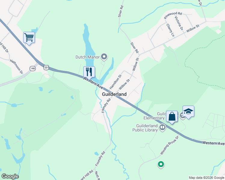 map of restaurants, bars, coffee shops, grocery stores, and more near 12 Hamilton Street in Guilderland