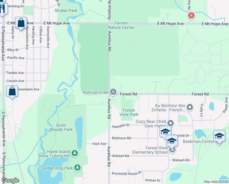 map of restaurants, bars, coffee shops, grocery stores, and more near 2105 Forest Road in Lansing