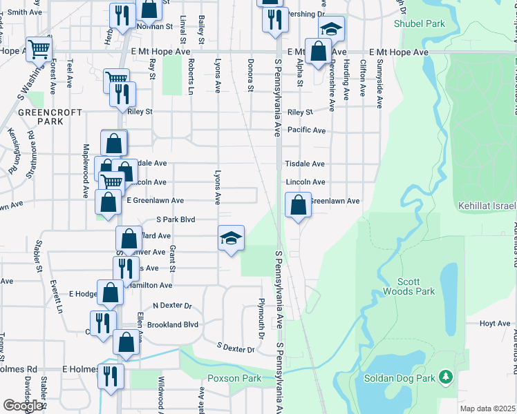 map of restaurants, bars, coffee shops, grocery stores, and more near 844 East Greenlawn Avenue in Lansing