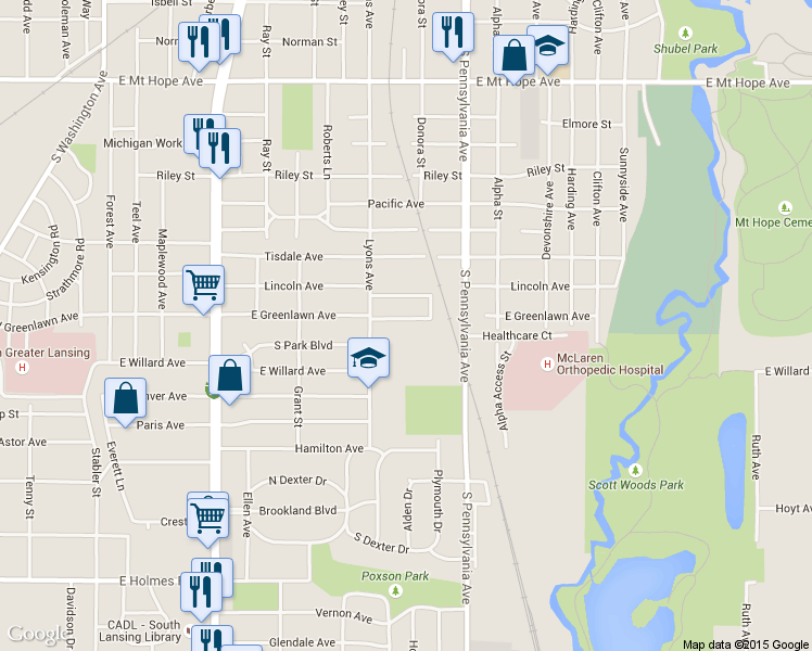 map of restaurants, bars, coffee shops, grocery stores, and more near 844 East Greenlawn Avenue in Lansing