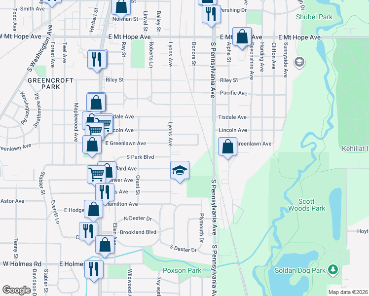map of restaurants, bars, coffee shops, grocery stores, and more near 844 East Greenlawn Avenue in Lansing