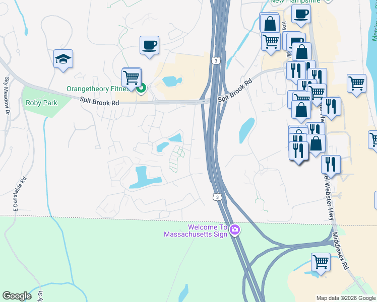 map of restaurants, bars, coffee shops, grocery stores, and more near 310 Brook Village Road in Nashua