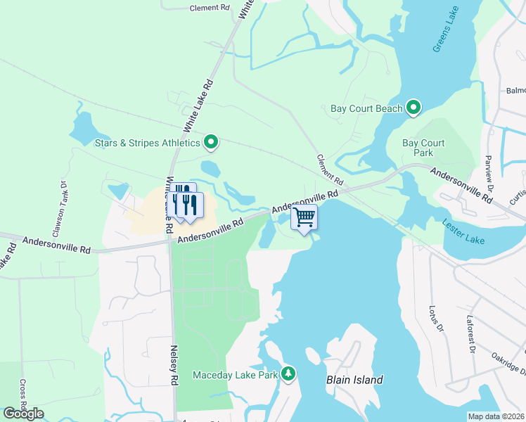 map of restaurants, bars, coffee shops, grocery stores, and more near 7490 Andersonville Road in Clarkston