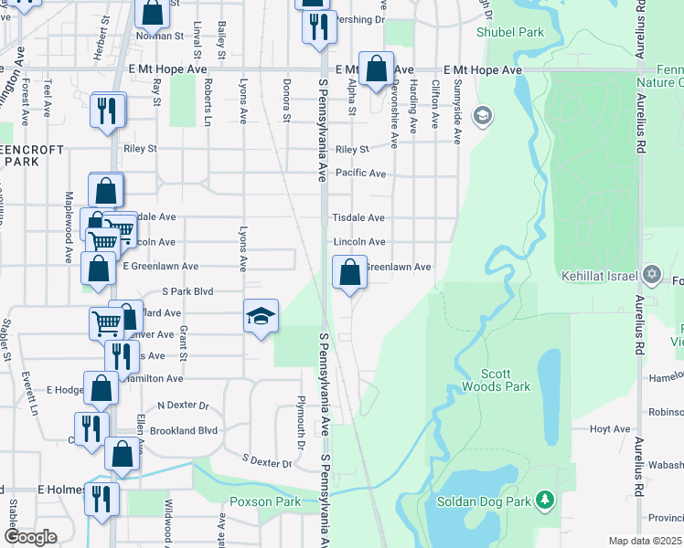 map of restaurants, bars, coffee shops, grocery stores, and more near 2600 Alpha Street in Lansing