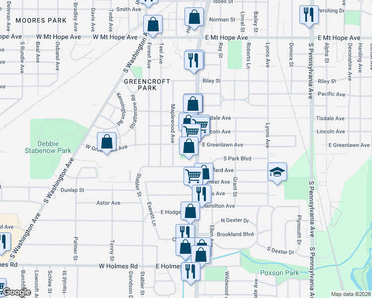 map of restaurants, bars, coffee shops, grocery stores, and more near 400 East Greenlawn Avenue in Lansing