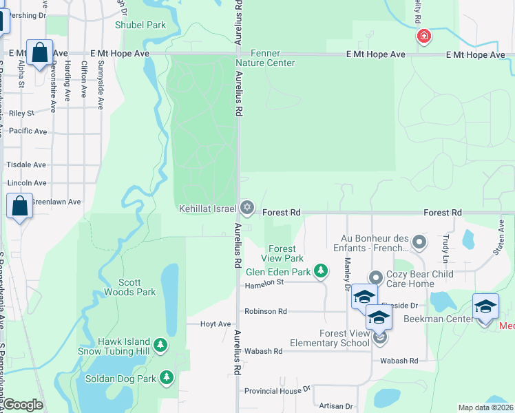 map of restaurants, bars, coffee shops, grocery stores, and more near 2105 Forest Road in Lansing