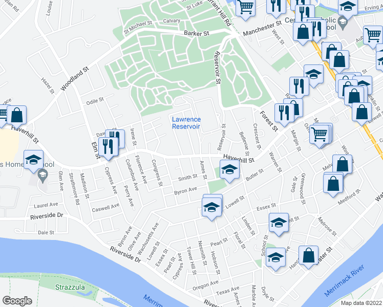 map of restaurants, bars, coffee shops, grocery stores, and more near 595 Haverhill Street in Lawrence