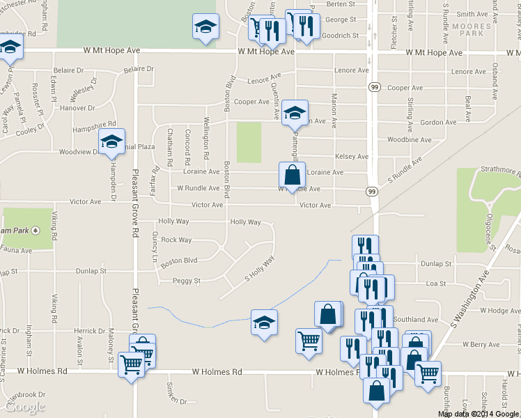 map of restaurants, bars, coffee shops, grocery stores, and more near 1623 Victor Avenue in Lansing