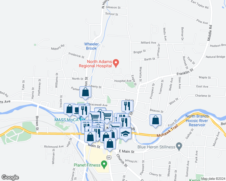 map of restaurants, bars, coffee shops, grocery stores, and more near 119 Liberty Street in North Adams