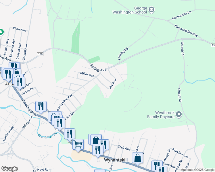 map of restaurants, bars, coffee shops, grocery stores, and more near 12 Sanford Avenue in Troy