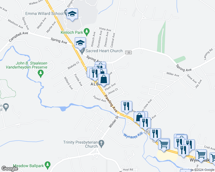 map of restaurants, bars, coffee shops, grocery stores, and more near 597-599 Pawling Avenue in Troy