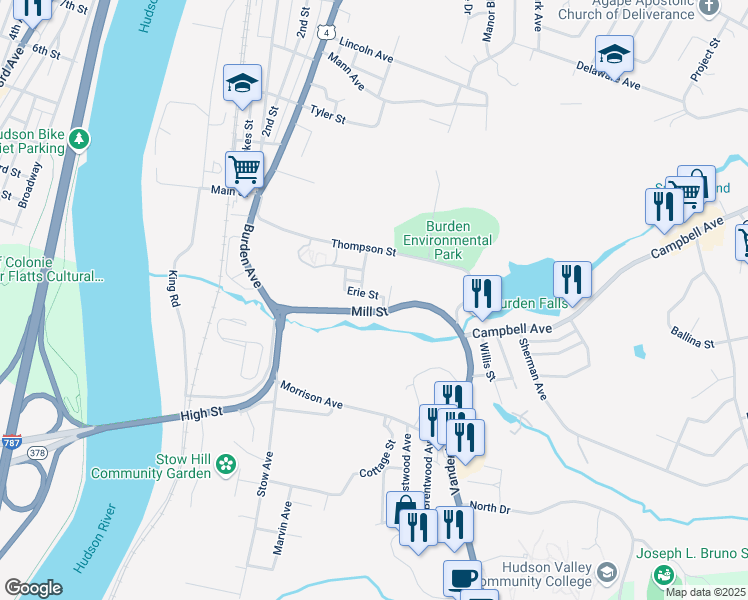 map of restaurants, bars, coffee shops, grocery stores, and more near 2 Erie Street in Troy